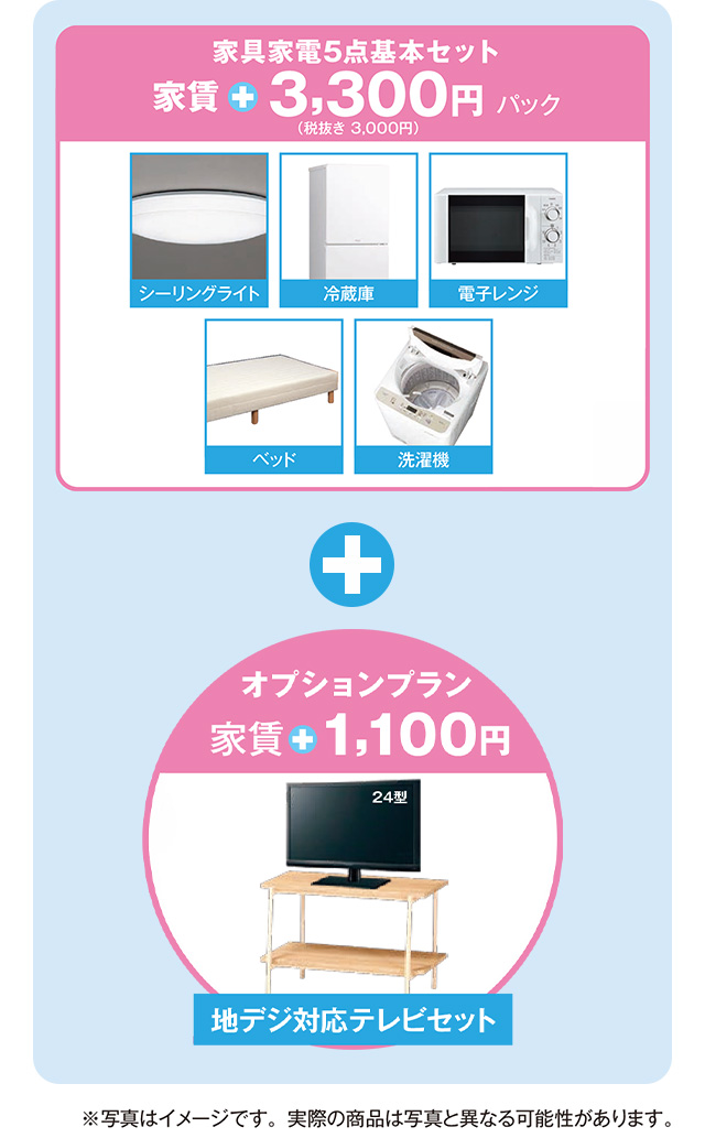 家賃家電5点基本セット「家賃＋3,300円パック（税抜き 3,000円）」…シーリングライト・冷蔵庫・電子レンジ・ベッド・洗濯機。オプションプラン「家賃＋1,100円」地デジ対応テレビセット※写真はイメージです。実際の商品は写真と異なる可能性があります。